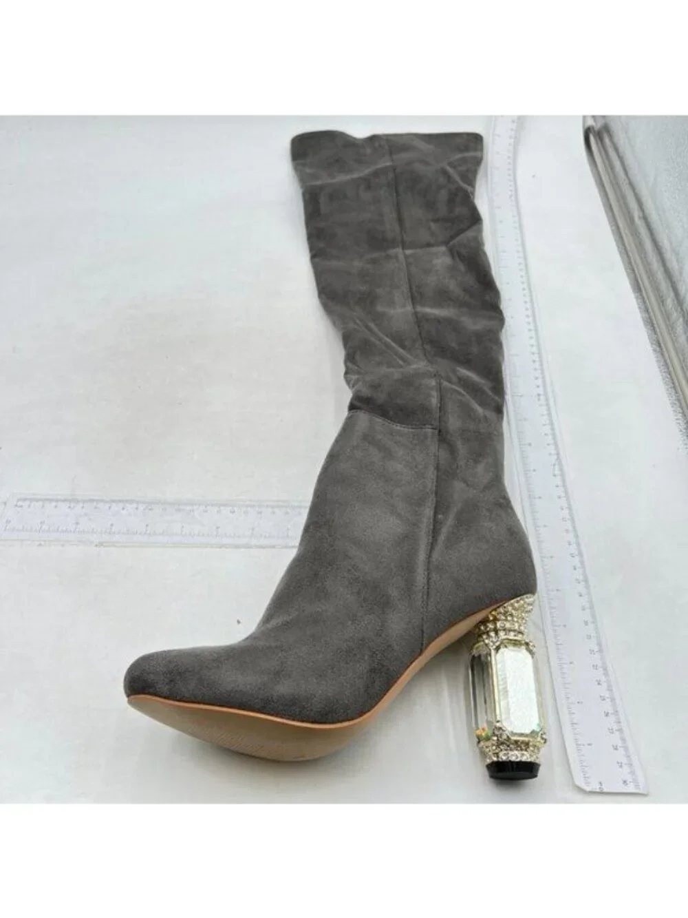 FSJ Women Over The Knee Chunky High Heels Stretch Thigh High Long Boot Grey